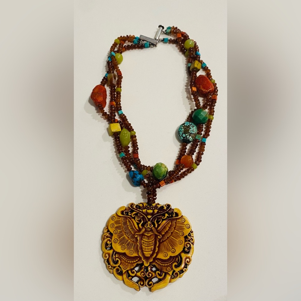 Beautiful Handmade Amber, Turquoise Butterfly Beaded Semi Precious Necklace.